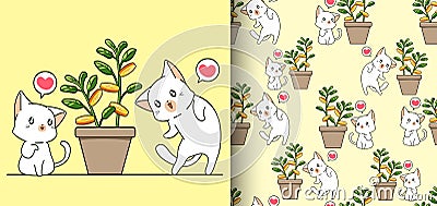 Seamless pattern kawaii cats and money tree in vase Vector Illustration