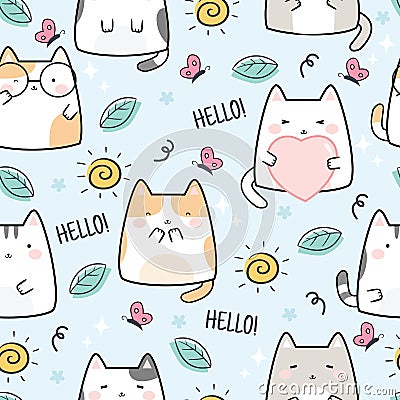 Seamless Pattern Kawaii Cute Cats Vector Illustration