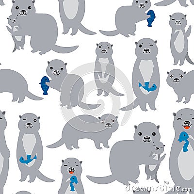 Seamless pattern Kawaii grey otters family with children with fish on white background. Vector illustration Vector Illustration