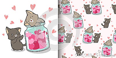 Seamless pattern kawaii and hearts inside the bottle Vector Illustration