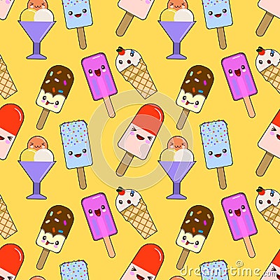 Seamless pattern with kawaii ice cream cones on yellow background isolated illustration Stock Photo