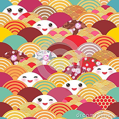 Seamless pattern Kawaii with pink cheeks and winking eyes simple Nature background with japanese sakura flower, rosy pink Cherry, Vector Illustration