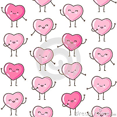 Seamless pattern with kawaii pink hearts isolated on white background Vector wallpaper for Valentines day cute design Vector Illustration