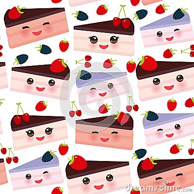 Seamless pattern Kawaii Sweet cake decorated with fresh Strawberry, pink cream and chocolate icing, cake with fresh blueberry, pin Vector Illustration