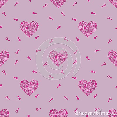 Seamless pattern with keys and heart consisting of gears. Pink on a gray background. Vector Vector Illustration