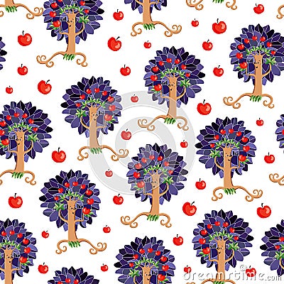 Seamless pattern for kid. Cute cartoon fruit trees juggle of apples Vector Illustration