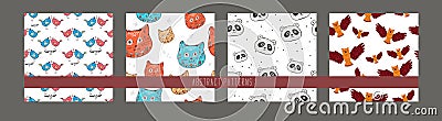 Seamless pattern kids with animals, cover design, background. set with panda, birds, cats, owl, vector. for valentine Vector Illustration