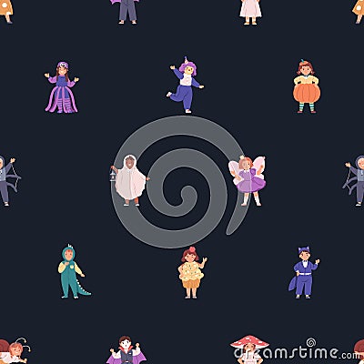 Seamless pattern with kids in Halloween party, carnival costumes. Happy cute disguised children for October holiday Vector Illustration