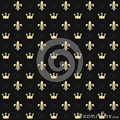 Seamless Pattern with King Crowns and Royal Heraldic Fleur de Lys Lily on Dark Background. Vector Vector Illustration