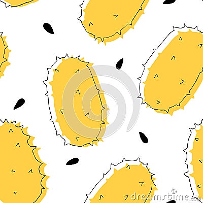 Seamless pattern with kivano, african prickly cucumber,horned melon. Rare fruit originally from Africa. Vector Illustration