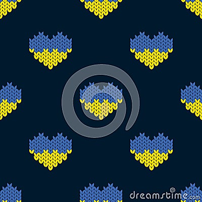 Seamless pattern with knitted hearts, colors of the Ukrainian flag. Glory to Ukraine Vector Illustration