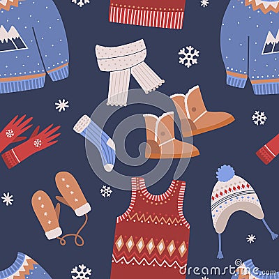 Seamless pattern with knitted winter clothes on dark background. Backdrop with woolen seasonal clothing or apparel. Flat Vector Illustration