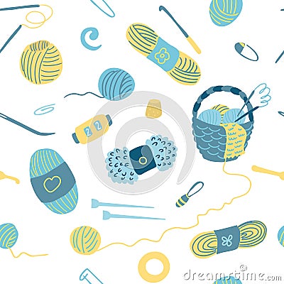 Seamless pattern with knitting tools. Vector Illustration