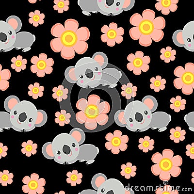 Seamless pattern with koala babies and pink flowers. Black background. Floral ornament. Flat Ñartoon style. Cute and funny Stock Photo