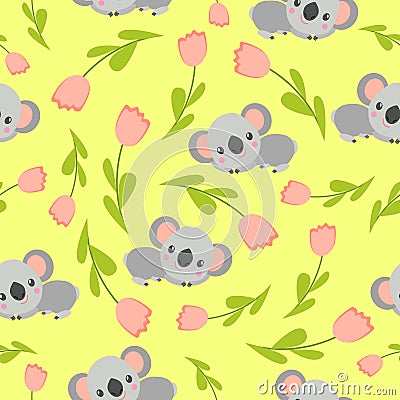 Seamless pattern with koala babies and pink tulips. Yellow background. Floral ornament. Flat Ñartoon style. Cute and funny Stock Photo