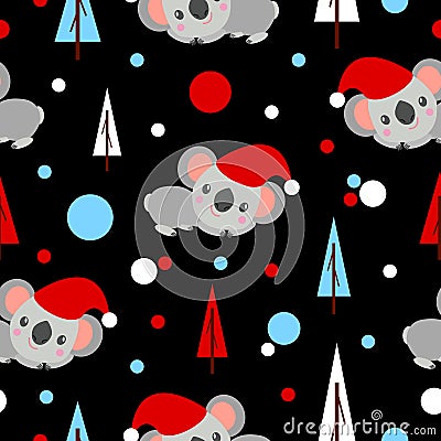 Seamless pattern with koala babies in red Christmas hats lying and smiling. Fir trees. Black background. White, red and blue Vector Illustration
