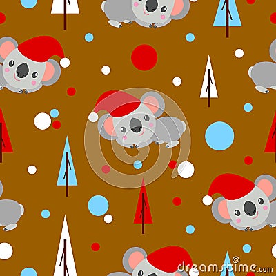 Seamless pattern with koala babies in red Christmas hats lying and smiling. Fir trees. Brown background. White, red and blue Vector Illustration