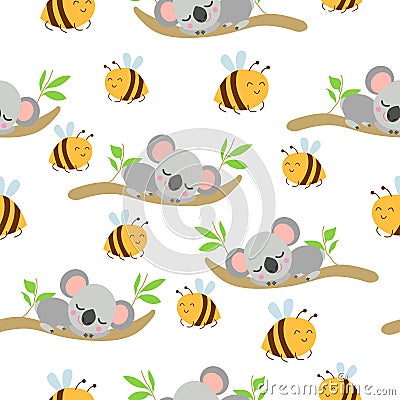 Seamless pattern with koala babies sleeping on eucalyptus branches and Yellow bees. White background. Flat design. Cartoon style. Stock Photo