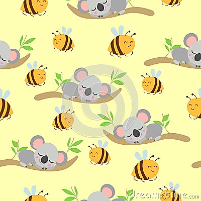 Seamless pattern with koala babies sleeping on eucalyptus branches and yellow bees. Yellow background. Flat design. Cartoon style Stock Photo