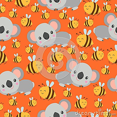 Seamless pattern with koala babies and yellow bees. Orange background. Floral ornament. Flat Ñartoon style. Cute and funny Stock Photo