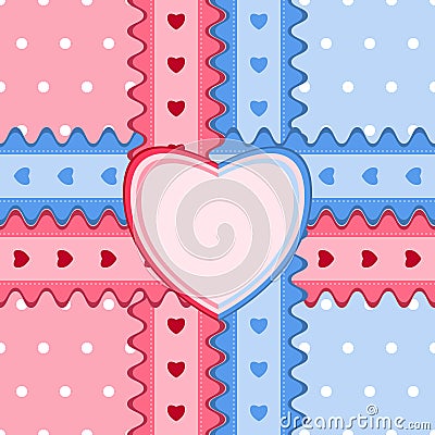 Seamless pattern with lace and heart-shaped card in pink and blu Vector Illustration