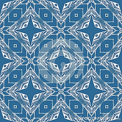 Seamless pattern with lace white ornament on blue background. Print for fabric, textile, wrapping paper, wallpaper Vector Illustration