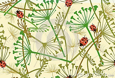 Seamless pattern with ladybirds and leaves. Vector illustration. Vector Illustration
