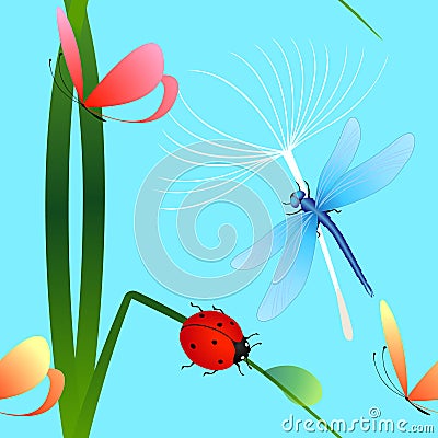 Seamless pattern with ladybug on grass, butterfly and dandelion on blue background. Vector Illustration