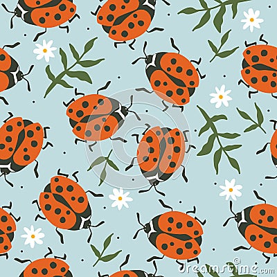 Colorful seamless pattern, ladybugs and flowers. Decorative cute background, funny insects, daisies Vector Illustration