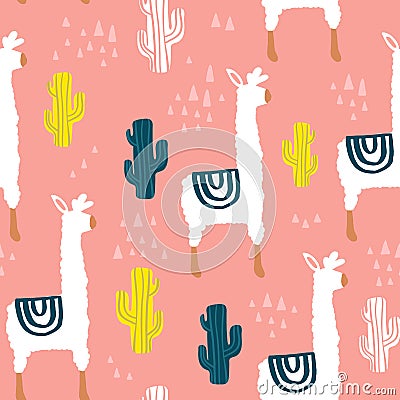 Seamless pattern with lamma, cactus and hand drawn elements. Childish texture. Great for fabric, textile Vector Illustration Stock Photo