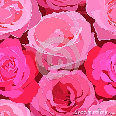 Seamless pattern of large flowers bright pink roses Vector Illustration