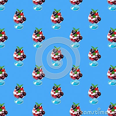 Seamless pattern with layered dessert with muesli, berries and yogurt in glass Stock Photo