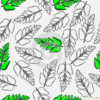 Seamless pattern leaf nature green line art pine seed Vector Illustration
