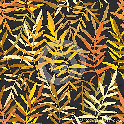 Seamless pattern with leafs tropical fern palm for fashion textile or web background. Gold yellow mustard orange brown silhouette Vector Illustration