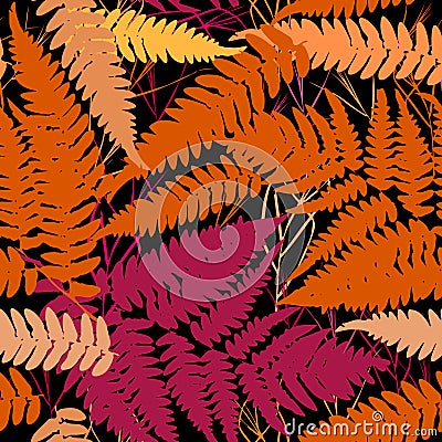 Seamless pattern with leafs tropical fern palm for fashion textile or web background. orange pink brown silhouette on Black backgr Vector Illustration