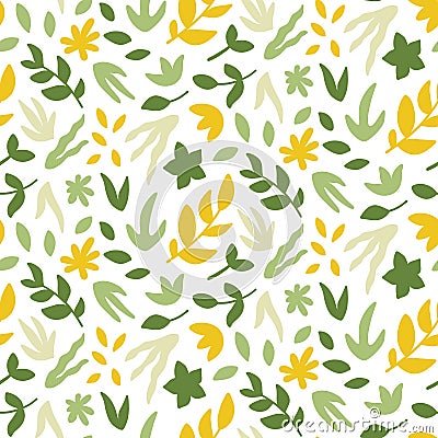 Seamless pattern with leaves. Bright spring print with hand drawn plants. Vector Illustration