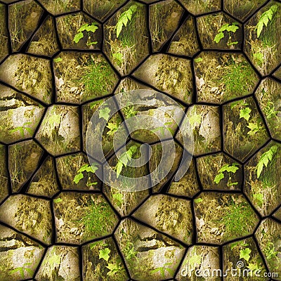 Seamless pattern with leaves, grass and cracked stones Stock Photo