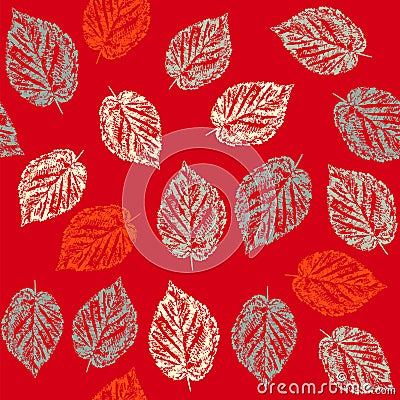 Seamless pattern with leaves on red background Vector Illustration