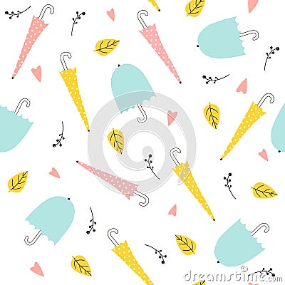 Seamless pattern with leaves and umbrella, autumn background. Vector Vector Illustration