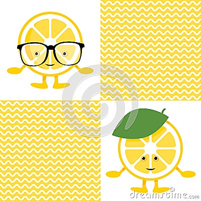 Seamless pattern with lemon cute smile character in glasses Vector Illustration