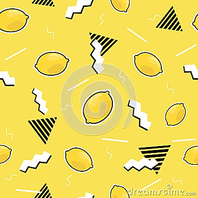 Seamless pattern with lemon elements in cartoon 80s-90s comic style.Vector background Vector Illustration