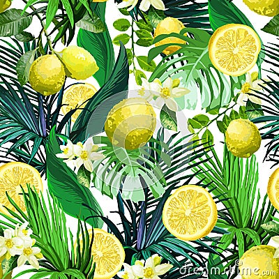 Seamless pattern of Lemon, flowers and tropical leaves Vector Illustration