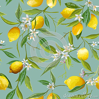 Seamless Pattern. Lemon Fruits Background. Floral Pattern Vector Illustration