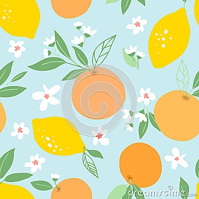 Seamless pattern with lemons and oranges, tropic fruits, leaves, flowers. Fruit repeated background. Plant template for cover, fab Stock Photo