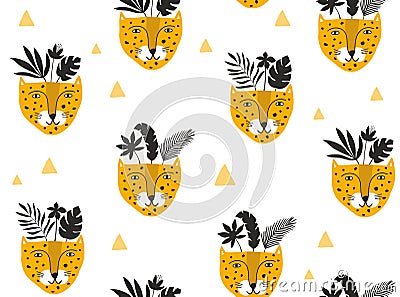 Seamless pattern with leopard cute faces and silhouets of tropical leaves and flowers. Vector Illustration