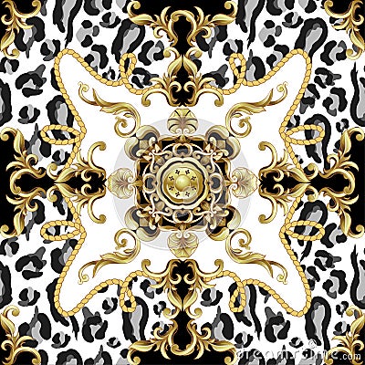 Seamless pattern with leopard skin and golden baroque elements. Vector. Vector Illustration