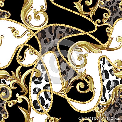 Seamless pattern with leopard skin and golden baroque elements. Vector. Vector Illustration