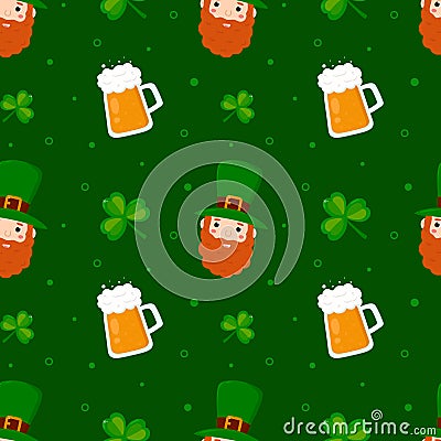 Seamless pattern with leprechaun, clover leaves and beer. Suitable for Saint Patrick's Day Vector Illustration