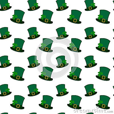 Seamless pattern of leprechaun hats and shamrock under buckle ribbon. Design concept for backdrop Vector Illustration