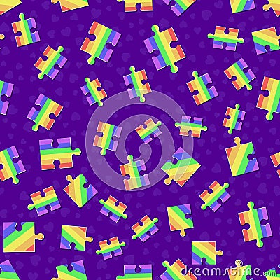 Seamless pattern lgbt rainbow puzzles on a fiolet background Vector Illustration